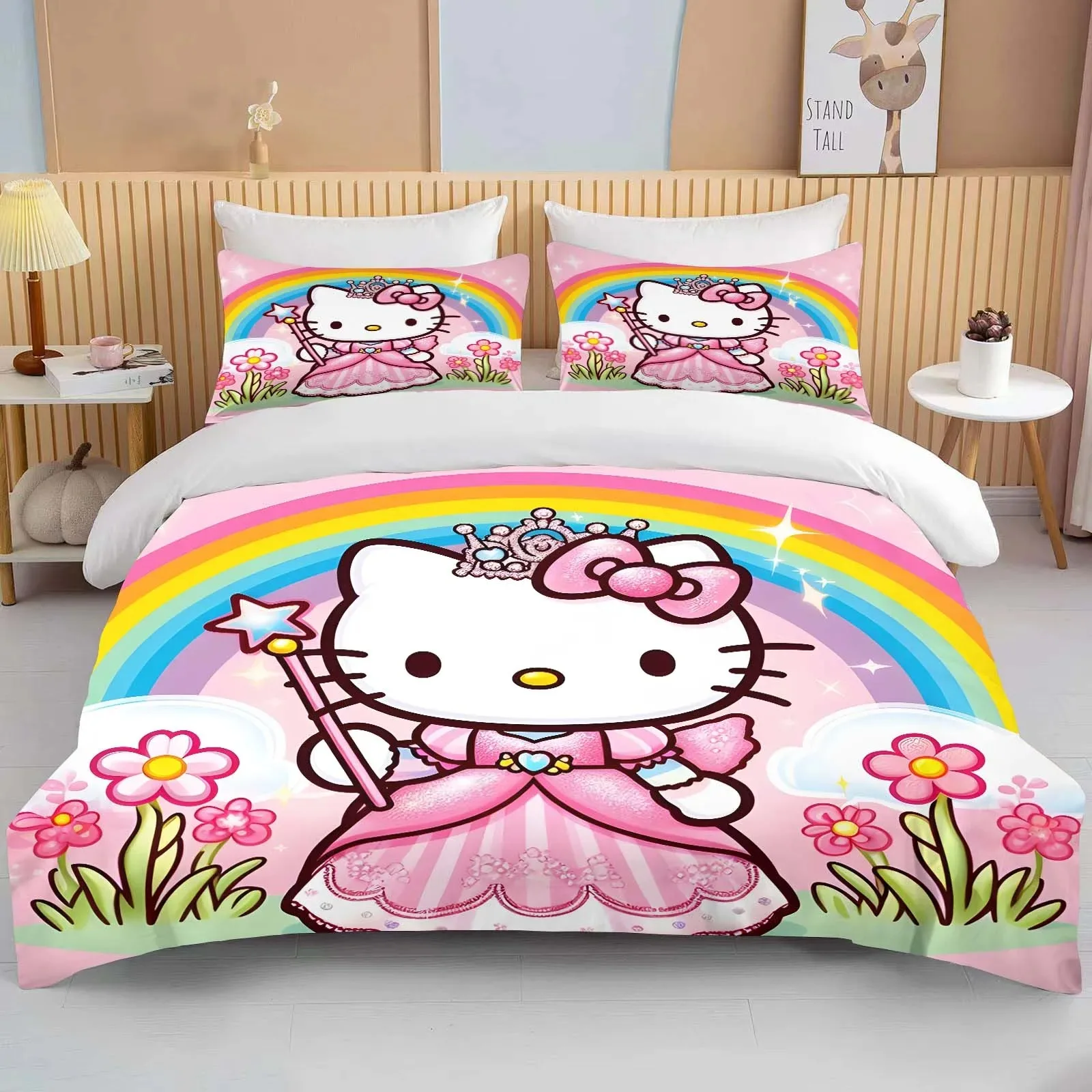 

Sanrio HelloKitt Bedding Set Cartoon Anime Three-Piece Kids Bedroom Duvet Set, Boys & Girls Home Duvet Cover Pillowcase