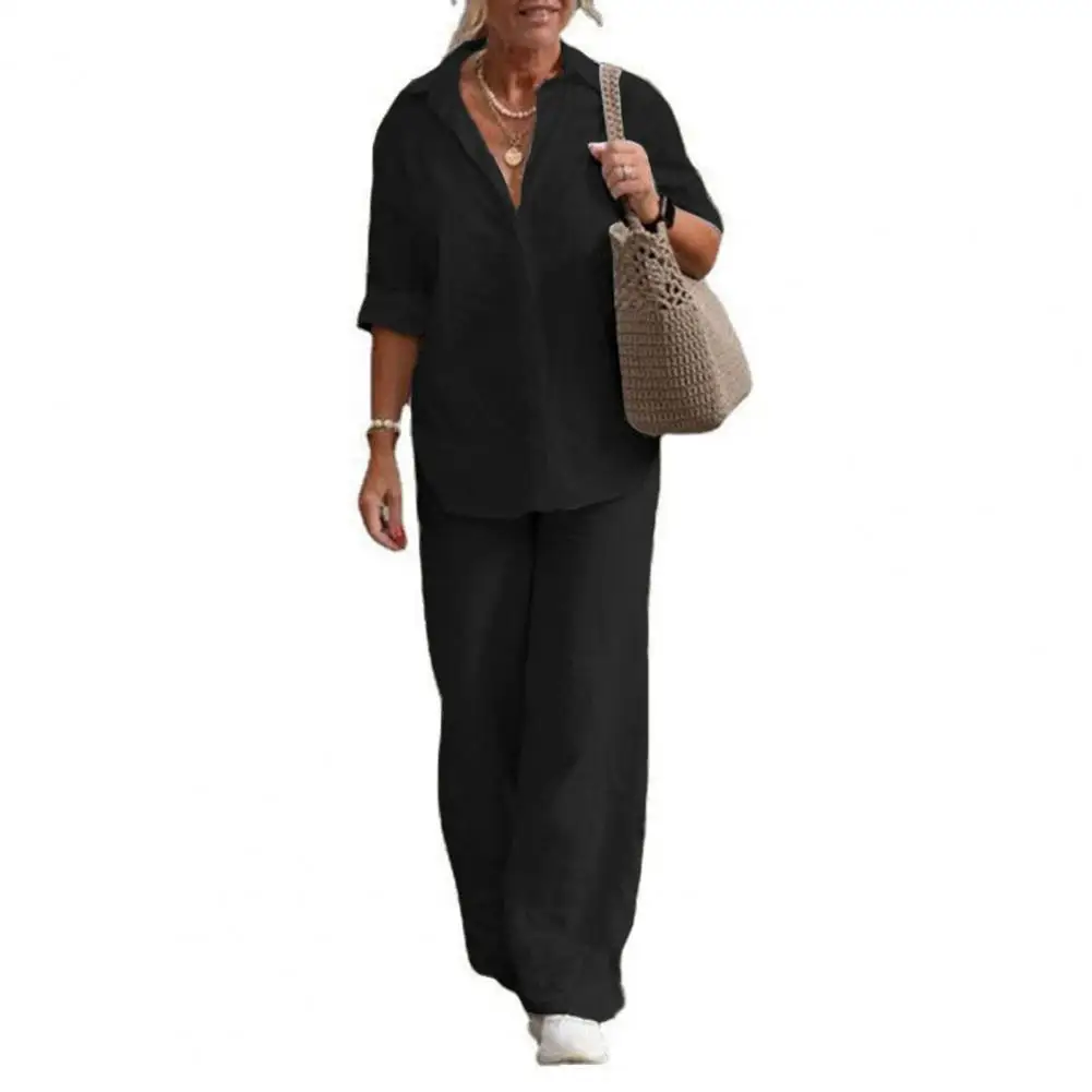 Tuta primaverile in cotone e lino per abiti da donna tuta a maniche lunghe camicia pantaloni larghi Set donna Casual elegante da donna Set da 2 pezzi