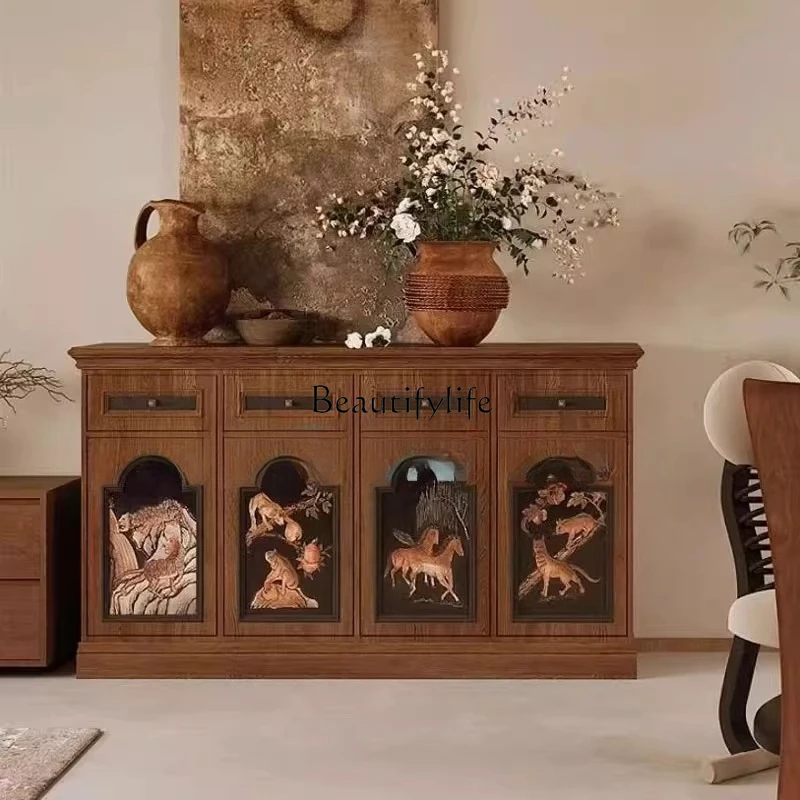 

French retro solid wood dining side cabinet, living room hand-painted wall decorative cabinet, storage multi-functional cabinet