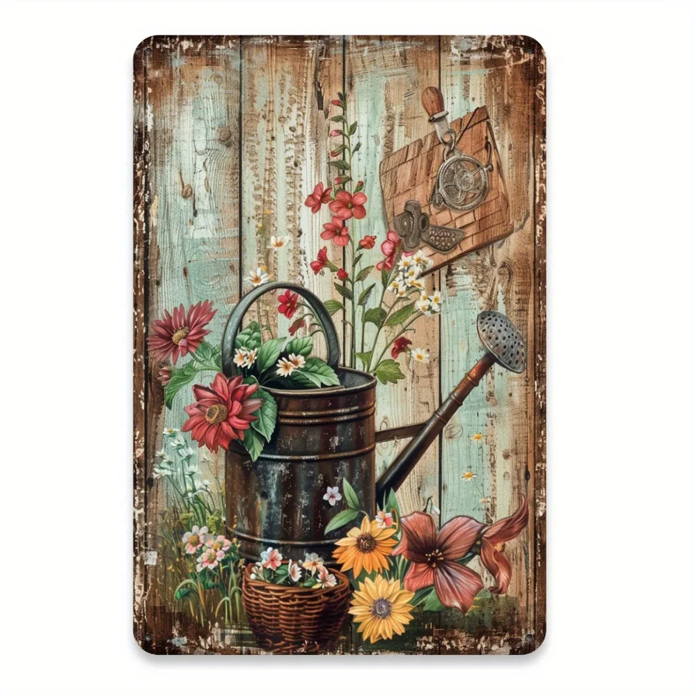 (2D-Blechmalerei) Vintage-Gießkanne mit Blumenmuster, Eisen-Metall-Blechschild, 20,3 x 30,5 cm, rustikale Wanddekoration, Plaket