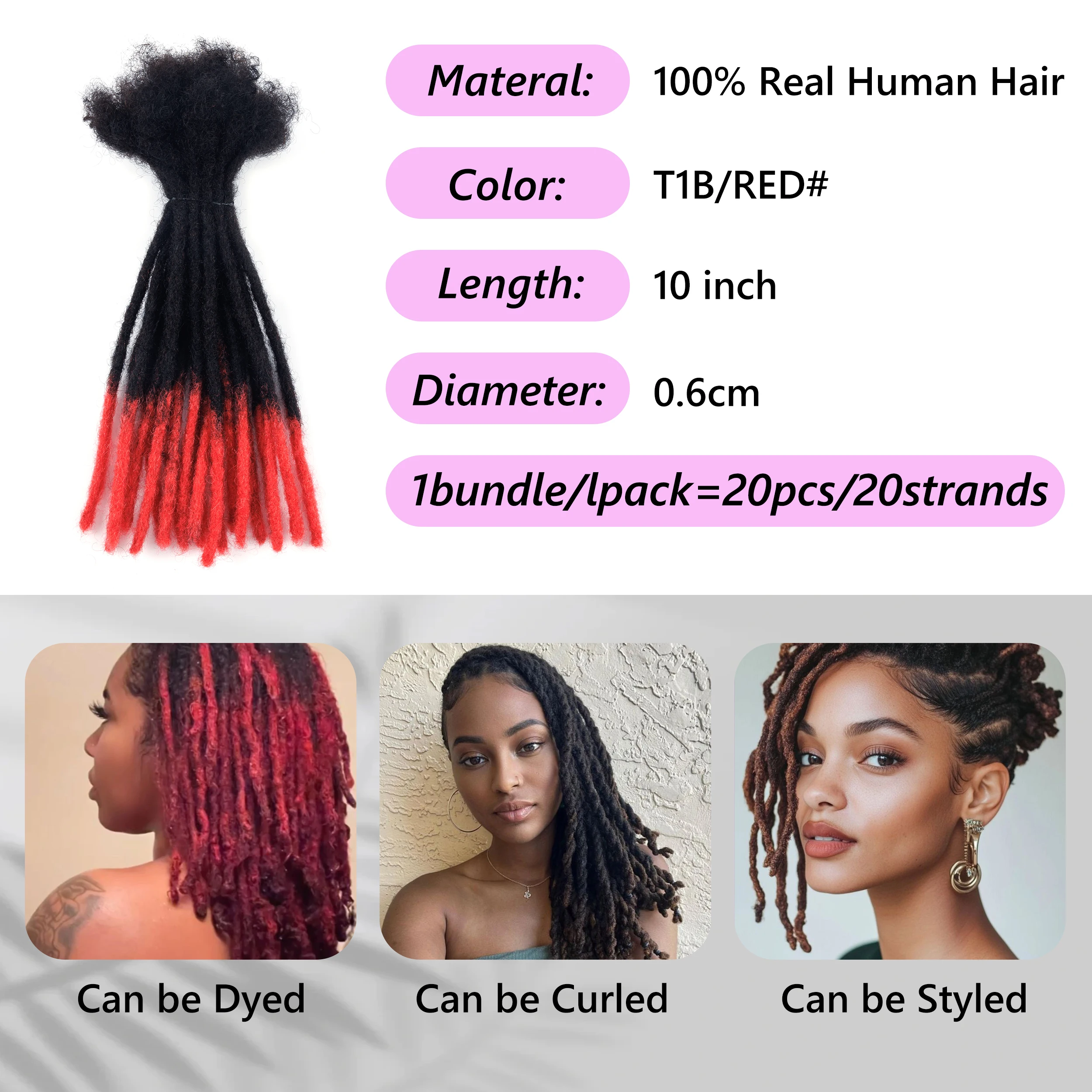 20 فروع/حزمة لون قابل للتخصيص عادي Locs 100% شعر بشري حقيقي قوي ولا عرضة كسر ملحقات قفل الرهبة اليدوية