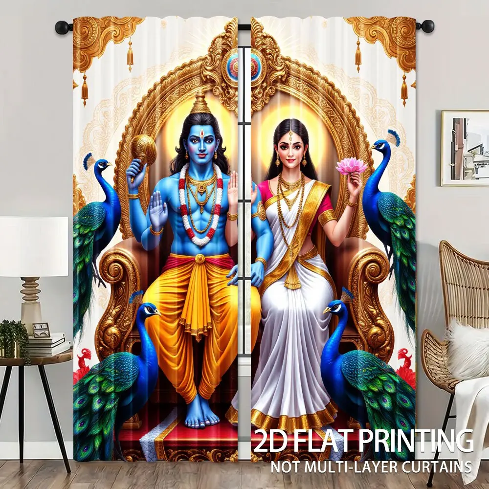 Hindu Deity Krishna Radha Print Curtain, Indian God Goddess Pattern Drape, Spiritual Religious Window Treatment for Living Room
