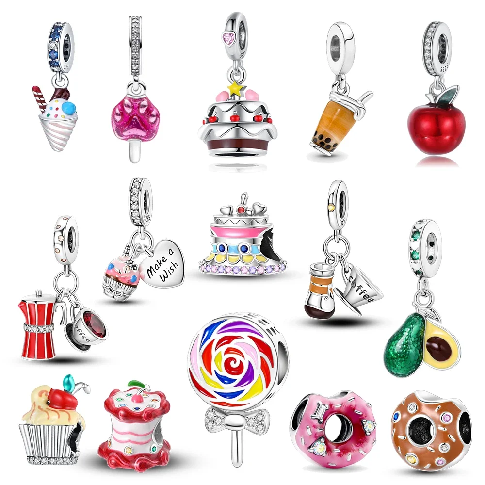 لذيذ الغذاء 925 فضة دونات كعكة الحلوى الفاكهة غرامة النبيذ قلادة بها خرزات صالح سوار قلادة بوتيك مجوهرات هدية