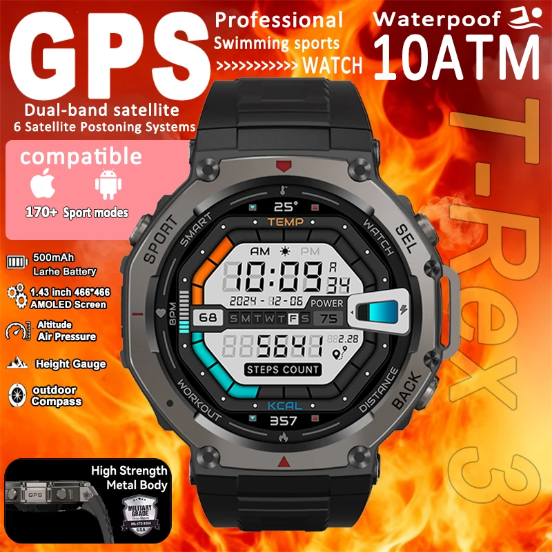 

for Amazfit T-Rex 3 GPS Smart Watch 5 ATM Waterproof Dual-Band GNSS Military Sport Compass Built-In Men's Smartwatch