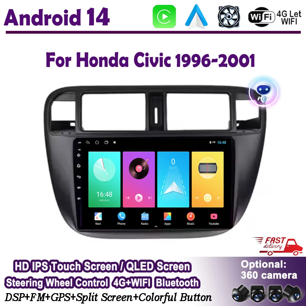 For Honda Civic 1996 - 2001 Android 14 Car Radio Multimedia Video 4G WIFI Touch QLED Screen GDS Navigation DSP Stereo Carplay BT