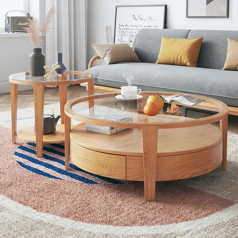 

#Modern Living Room Furniture Side Table Storage Round Wood Design Coffee Table Glass Top
