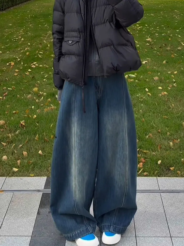 

Зимний новый дизайн, свободные повседневные широкие джинсы, женские джинсовые брюки прямого кроя с высокой талией и поясом, винтажные брюки