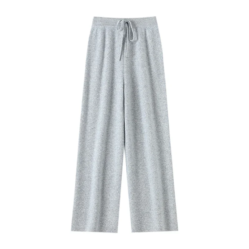 Tcyeek Women 100% Wool Wide Leg Pants Autumn Winter Thick Casual Style High Waist Basic Wool Knitted Pants High Quality