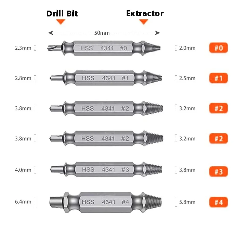 Set di strumenti per filo rotto con punta per cacciavite per rimozione denti scorrevoli per vite a doppia testa HSS da 6 pezzi