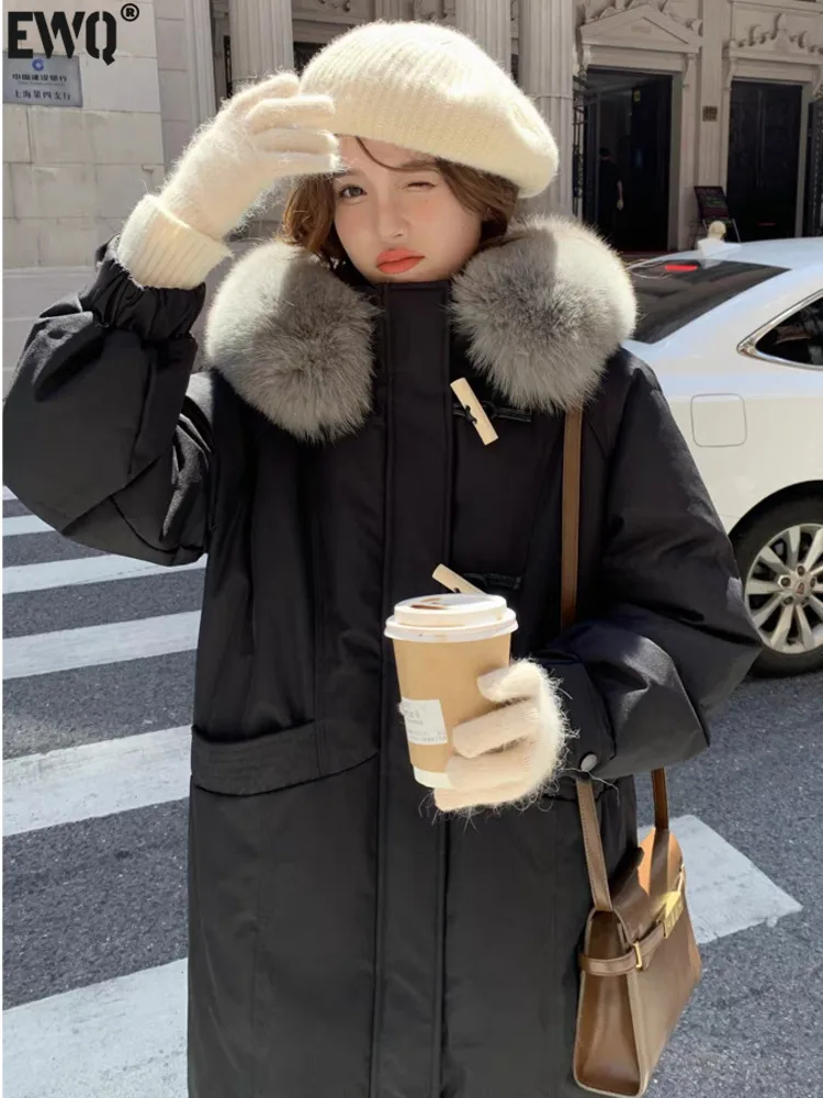 [EWQ] Fashion Mid Length Cotton-padded Coat Spliced Fur Hooded Women Winter Keep Warm Thick Parkas Overcoats 2024 New 16O3324