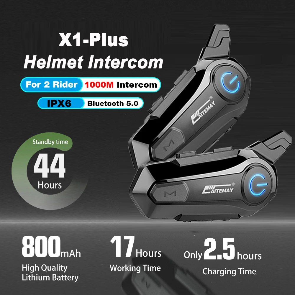 

X1 Plus Motorcycle Helmet Intercom Headset Bluetooth Waterproof Moter Interphone for 2 Riders 1000M Interphone Communicator