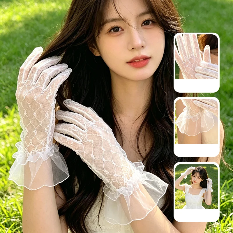 Hochzeitskleid-Accessoires, Sexy Hochelastische Spitzen-Kurzhandschuhe für Damen, Ultradünne Transparente Fünf-Finger-Kurzhandschuhe