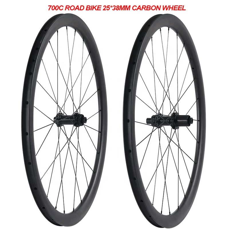 

700C Road Bike Wheels Clincher Tubeless 25mm Width 38mm Depth Carbon Fiber Rims Straight Pull Head 24H HG Set UD 3K 12K Gravel