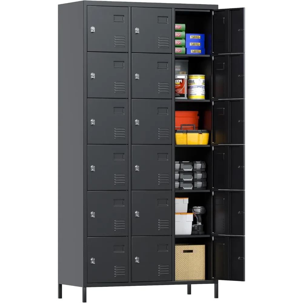 18 Door Metal Lockers for Employees, Suitable for School Office Gym Bedroom, Industrial Steel Lockers, Black, Assembly Required