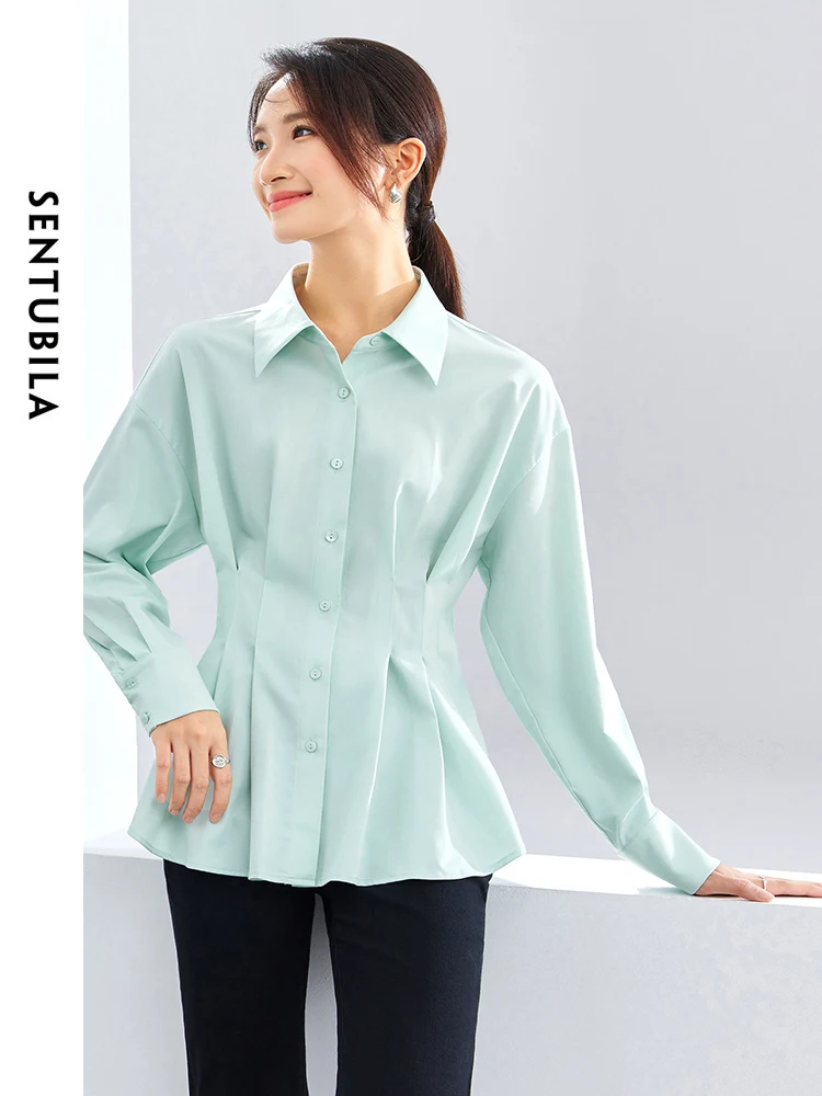 SENTUBILA Polo Collar Solid Comfort Loose Shirt Womens 2024 Spring High Waist Button Up Long Sleeve Shirts & Blouses 141C53111