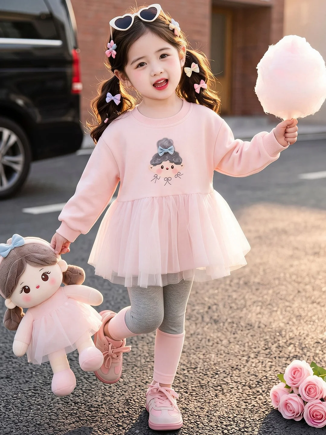 Fashionable Girls Outfit Thin Long Sleeve Mesh Skirt And Leggings Set Cute Princess Style Two Piece Suit for Little Girls