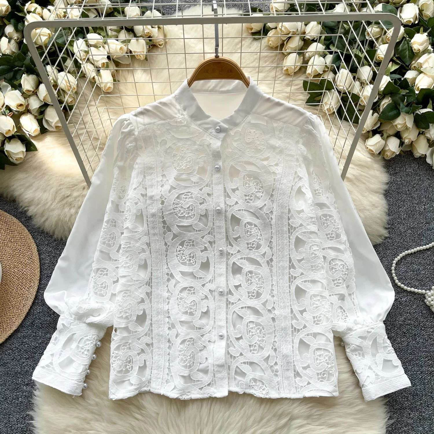 Chic Long Lantern Sleeve Casual Slim Single Breasted Basics Hollow Out Lace High Street Office Lady Vintage Spring Summer Blouse