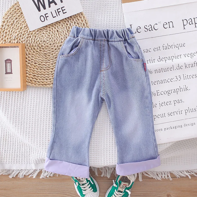 2025 Spring New Girls Clothing Set 1-5Y Girls Suit Solid Shirt Matched Bow Knit Vest And Blue Jeans 3 PCs Girls Suit