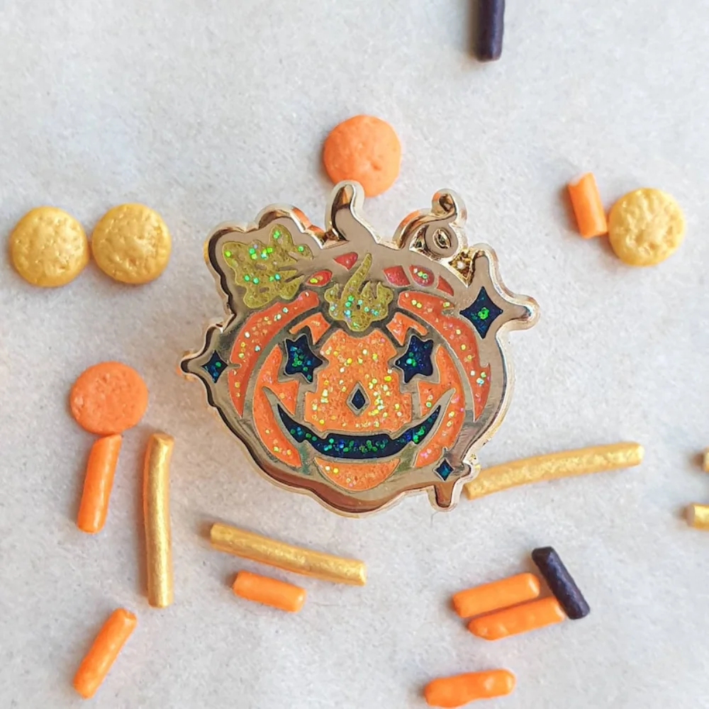 SPOOKY FRIENDS Mini Enamel Pins Witchy Badge Bat Ghost and Candy Corn Glitter Brooch Glitter