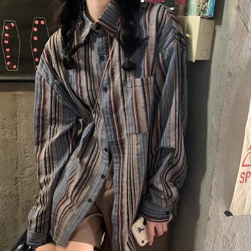 Spring and autumn loose Japanese retro striped longsleeved shirts and jackets autumn casual all-match shirts for to wear outside