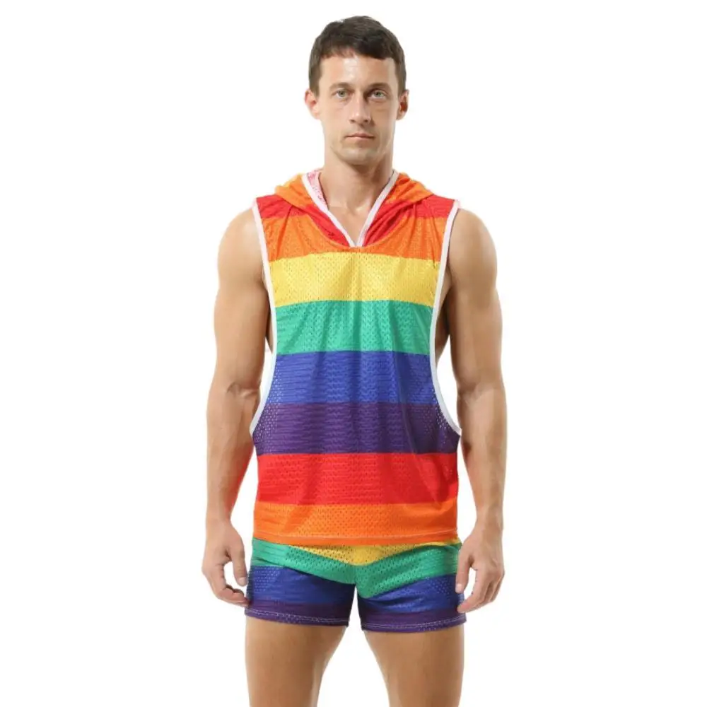 Men\'s Sets Rainbow Hooded Men\'s Tank Tops Mesh Breathable V-neck Vests Men Shorts Streetwear Tops Tee Sports Fitness Singlets