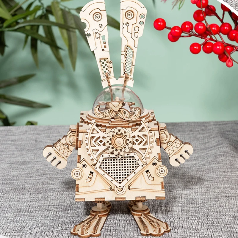 Zestaw do samodzielnego montażu, drewniany model mechaniczny dla dorosłych, steampunkowa pozytywka z króliczkiem, puzzle 3D, kreatywna ozdoba do samodzielnego wykonania.