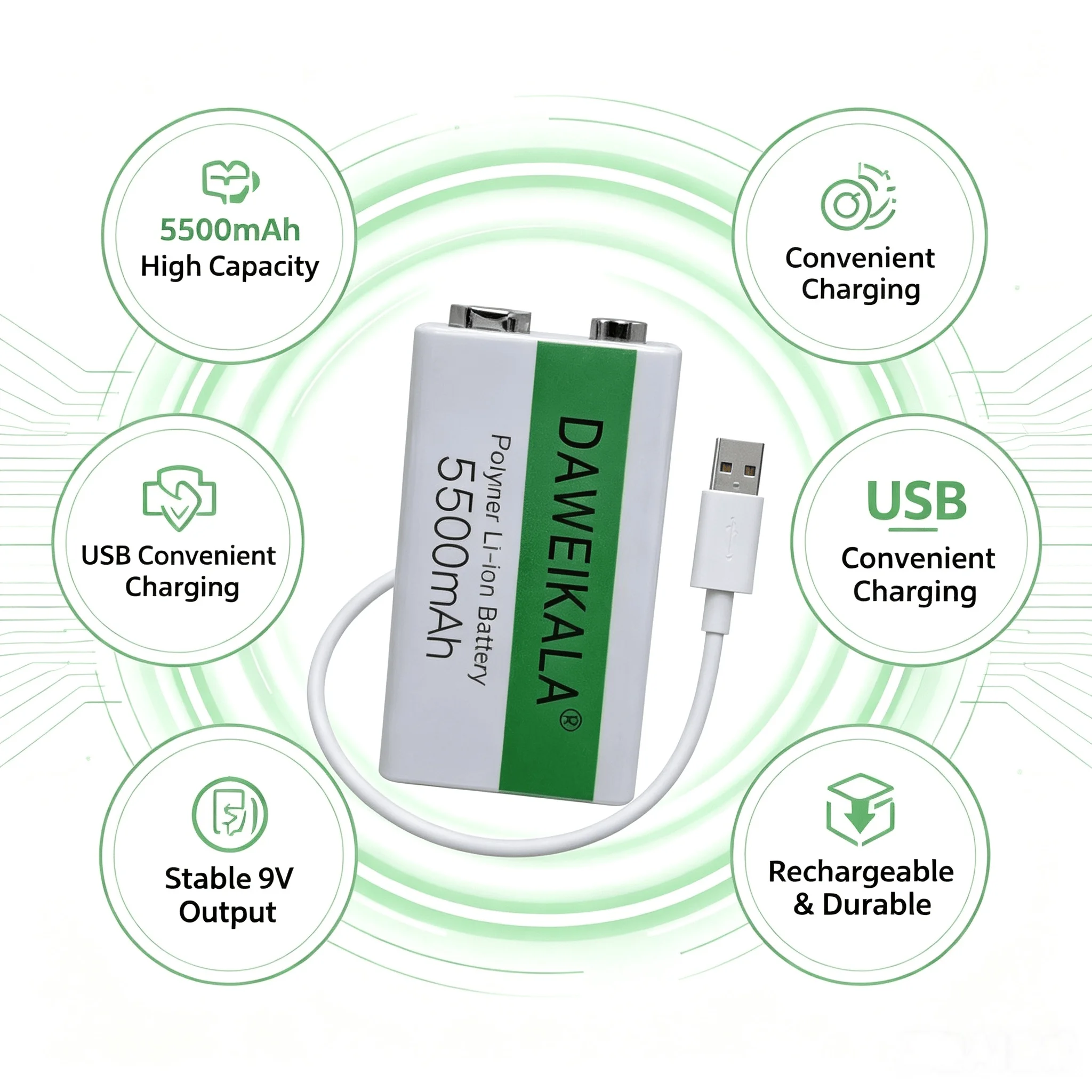 5500mAh 9V USB Rechargeable Li-ion Battery, 9V Lithium Cell with USB Charging Cable for Multimeter Microphone Electric Toy