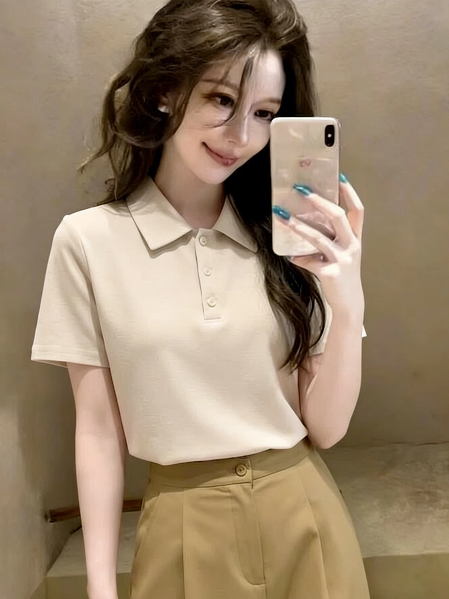 

Casual Neck Short Sleeve Commute Top Half Open Buttoned Summer Fashionable Simple T-Shirt Versatile Korean Style Loose Fit