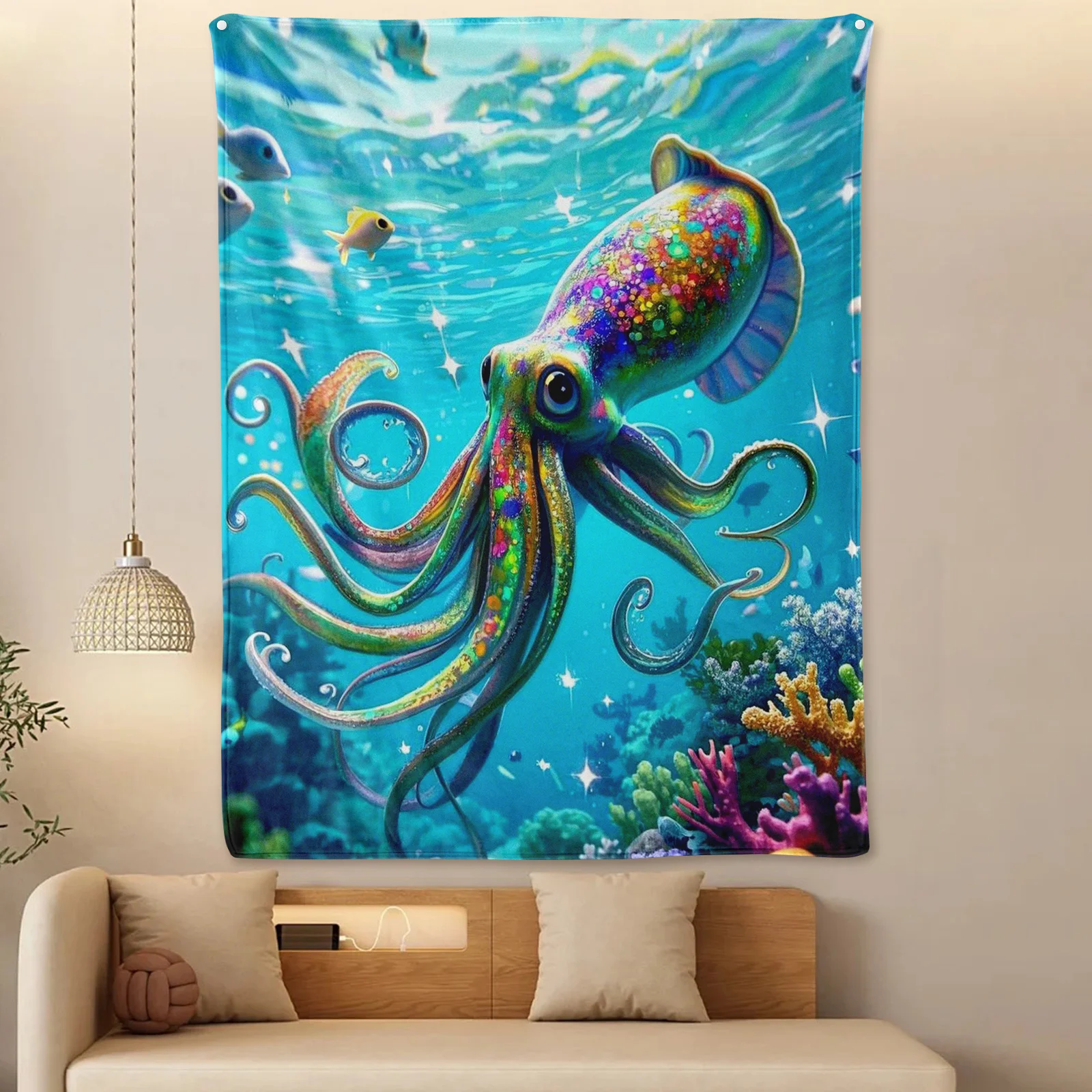 Couverture sous-marine colorée en forme de poulpe arc-en-ciel, pour thèmes fantastiques d'océan et vibrations de mer bleues fantaisistes dans la décoration de la maison