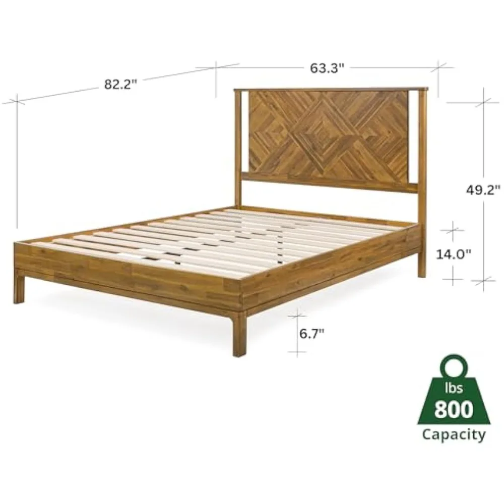 Bme Ethan Solid Wood Queen Bed Frame with Diamond Headboard - Rustic & Mid-century Modern - Acacia Wood Platform Bed - Compatibl