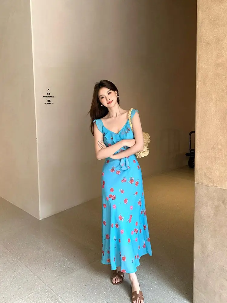 Vestidos sem mangas das mulheres alternativa primavera seda pura perspectiva transparente ditsy em camadas piquenique fluindo pastoral natureza y2k