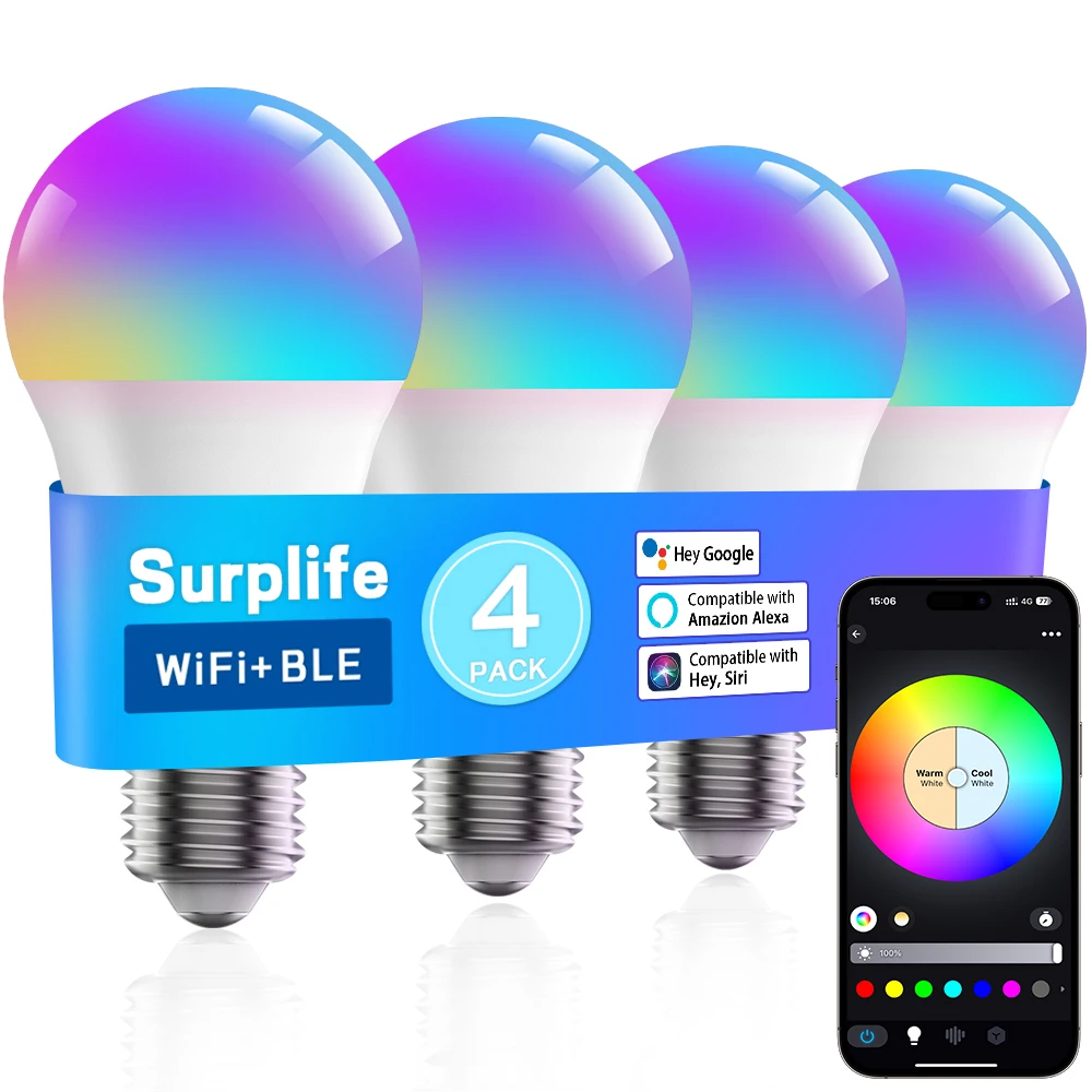 LED RGB 램프 스마트 전구, 알렉사 구글 어시스턴트 시리 음성 제어, RGB + CCT 조광 타이머 호환, 9W, 110V 와이파이, E27