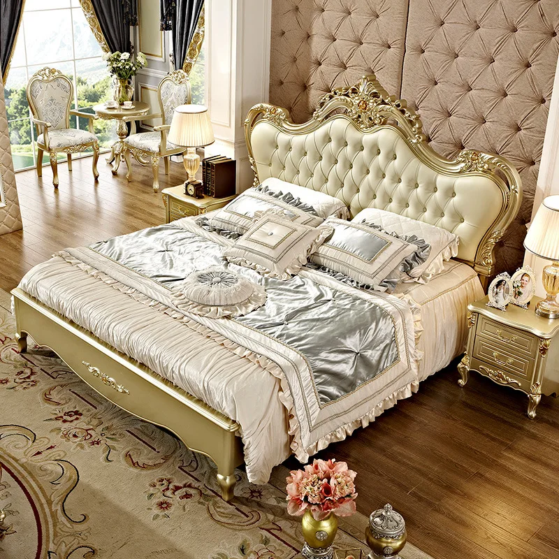 

European leather art master bedroom modern simple solid wood wedding princess 1.5 meters double bed luxury furniture