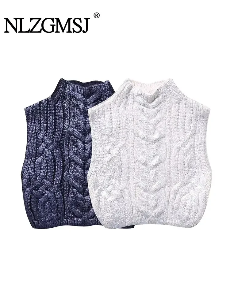 Nlzgmsj TRAF Cropped Knitted Sweater Vests For Women Cable Knit Vest Woman Autumn Winter Short Waistcoat Women Pullovers Top