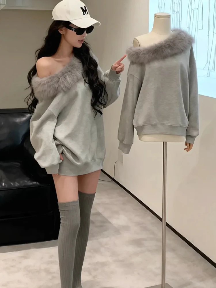 

Elegant Korean Style Oversized Sweater High Collar Furry Design Autumn Winter New Fashion Top Women's Loose Fit Long Sleeve