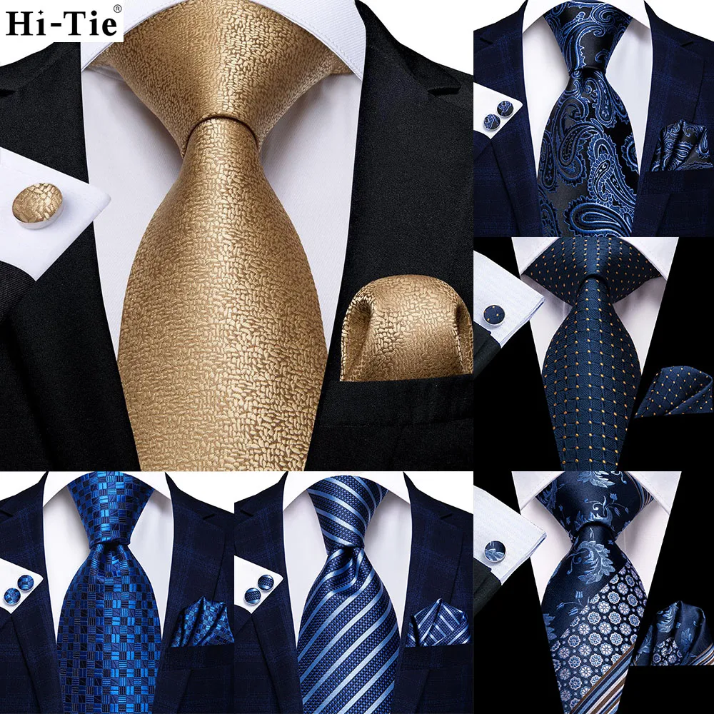 

Hi-Tie Gold Solid Novelty 63inch Silk Men Extra Long Ties for Men Woven Classic 160cm Mens Necktie Pocket Square Set Cufflinks