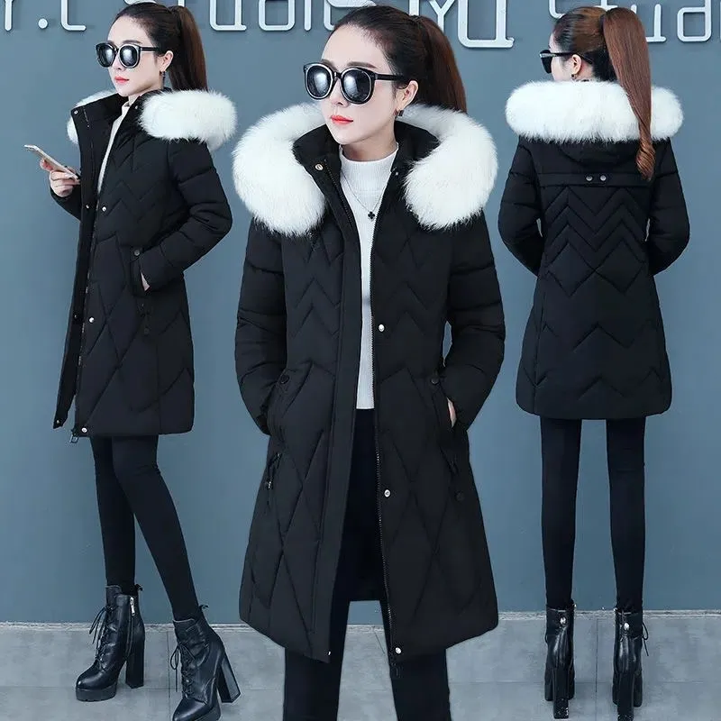 2023 New Winter Jacket Women Parka Big Fur Collar Hooded Thick Warm Long Female Coat Casual Outwear Down Cotton Jacket Parkas