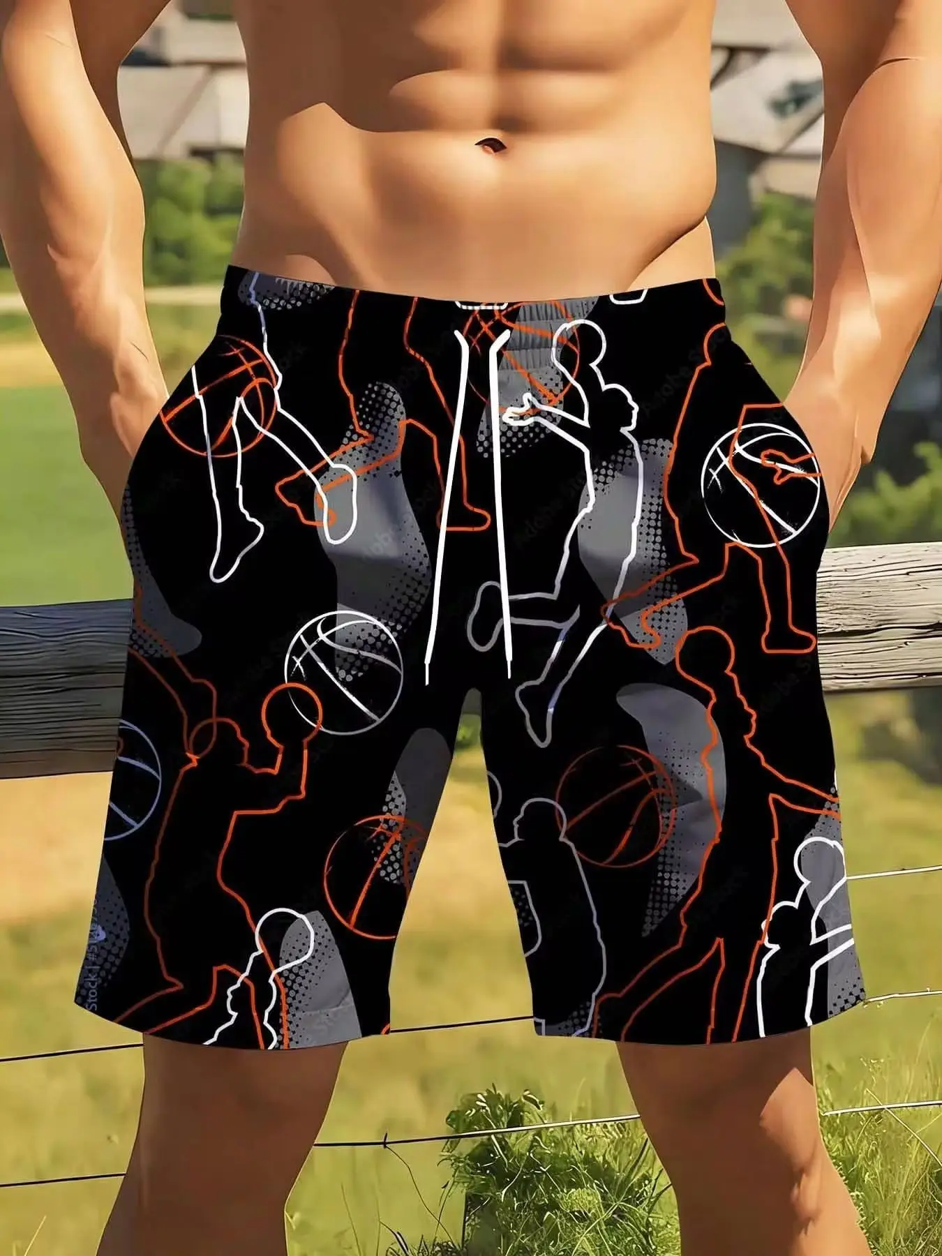

Basketball Theme Men's Swim Shorts With Dynamic Player Silhouettes And Ball Patterns For Beach And Outdoor Activities