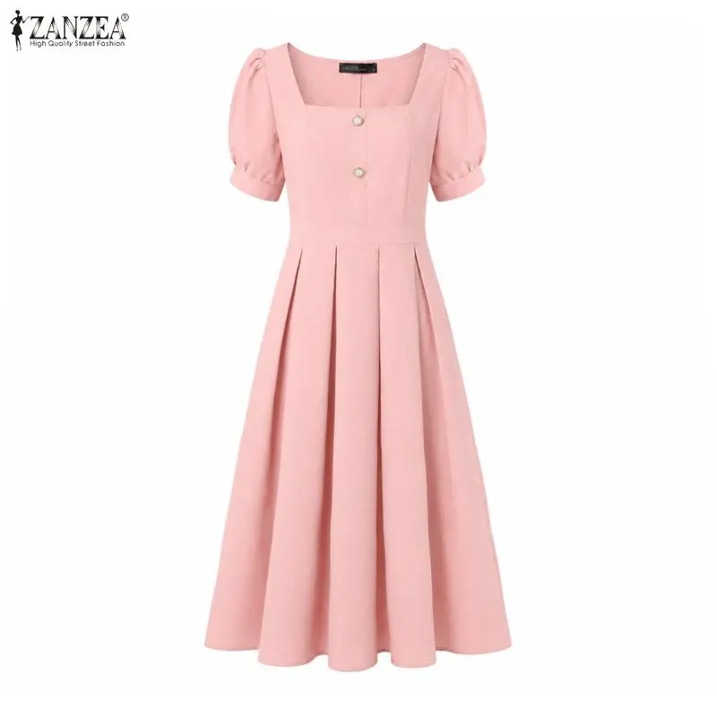 ZANZEA Elegantes Damen-Party-Midikleid mit umgekehrten Falten, quadratischer Ausschnitt, Puffärmel, A-Linien-Kleider, Sommerkleid, Dete Night Vestidos – Detail 10