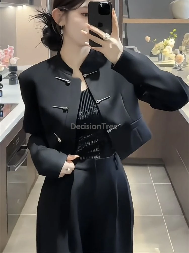 Retro chinese style buckle suit jacket women's spring autumn casual daily wear fashionable stand collar black long sleeve top