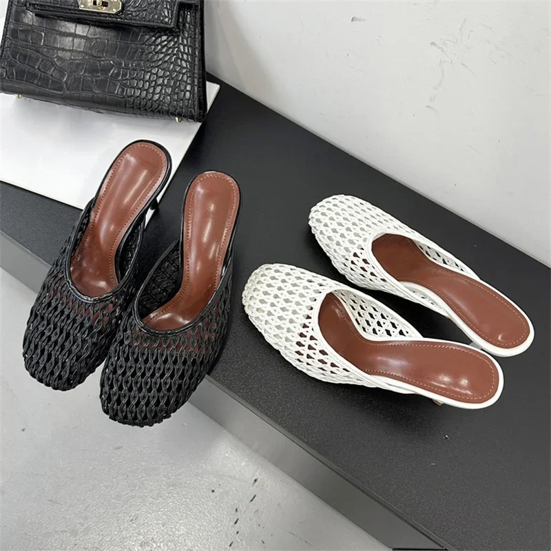 Eilyken Summer Hollow Out Breathable Mesh Weaving Women Slippers Fashion Thin Heels Party Dress Mule Shoes Large Size 43 image 5