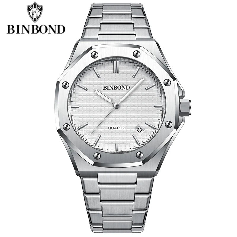 

Часы BINBOND B0233 Мужские кварцевые, брендовые Роскошные повседневные, с большим циферблатом, серебристые, из нержавеющей стали, с календарем, Классические светящиеся