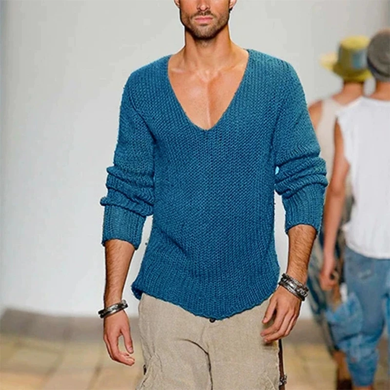 

Men's V-neck loose sweater, casual, elegant, fashionable, versatile, solid color knitted pullover, men's plus size