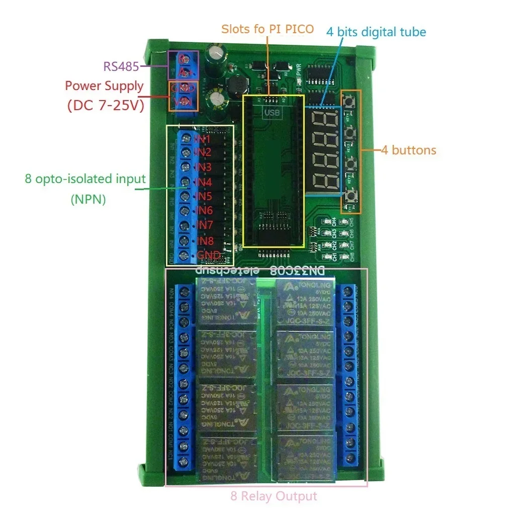 DC 12V 24V 8ch Multifunction Delay Timer RS485 Modbus Relay Module for Raspberry Pi Pico Simple Open PLC Python C++