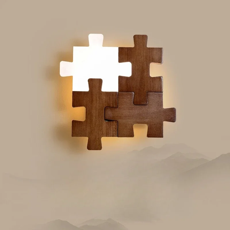 Building block wall lamp Bedroom bedside lamp Modern minimalist entrance corridor aisle lamp Creative walnut personalized
