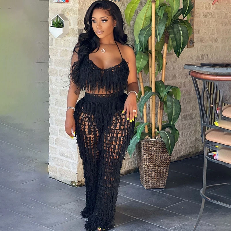 Knit Rib Tassel 2 Piece Set Summer Beach Wear Sexy Fishnet Halter Lace Up Crop Top + Pants See Through Tracksuit Women Outfits