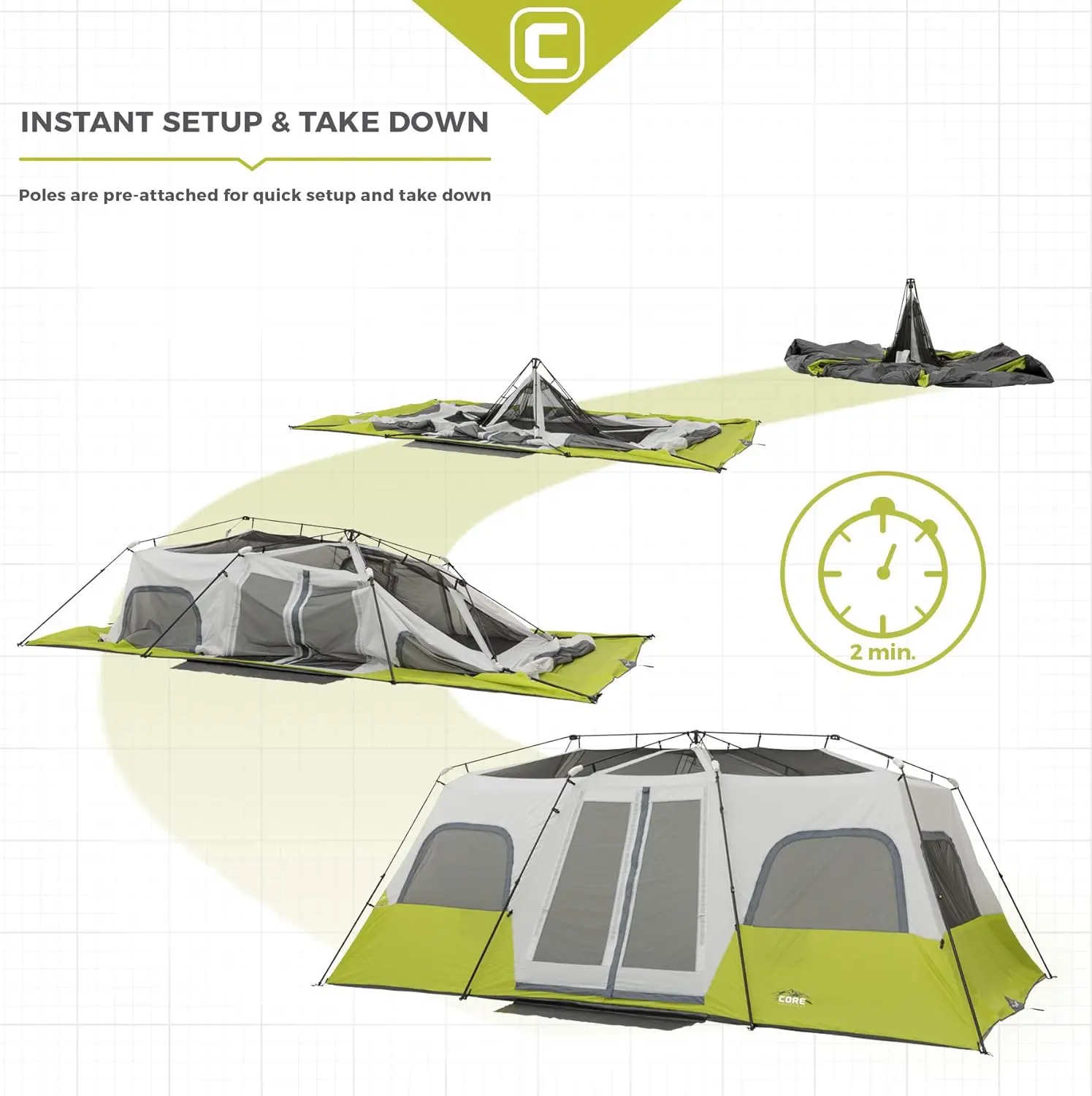 Tienda de campaña de cabina instantánea CORE para 12 personas, carpa enorme de 3 habitaciones para la familia con bolsillos de almacenamiento para accesorios de Camping, grande, portátil