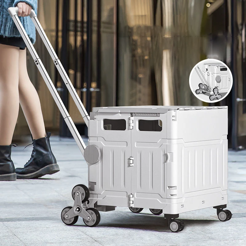 50L Portable Grocery Box Cart Lightweight Shopping Trolley Large Capacity with 8 Universal Wheel Telescopic Rod for Travel