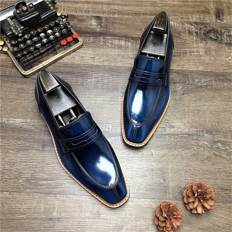 HNXC Genuine Leather Men Dress Shoes Office Wedding Blue Black Luxury Formal Loafers Man Slip On Patent Leather Oxford Man Shoes