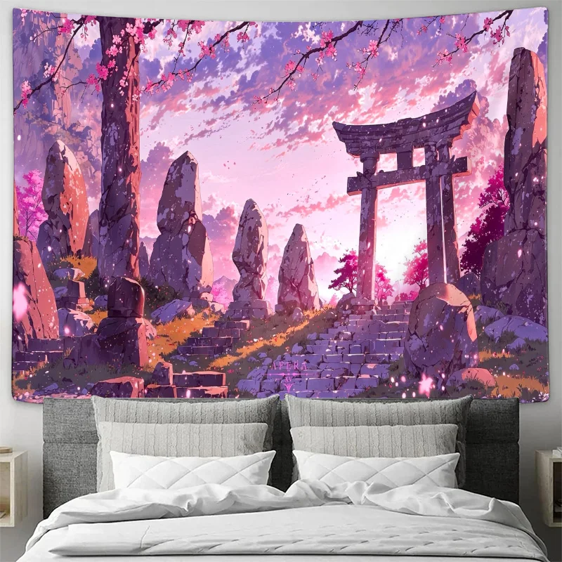 Japanese Sakura Torii Gate Mountain Landscape Wall Tapestry Machine Washable All Season Print Anime Style Oriental Design Home